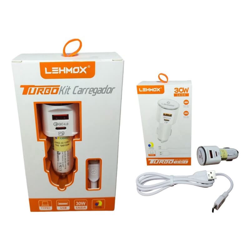 KIT Carregador Veicular Turbo Lehmox 30W + Cabo Tipo-C E iPhone, Com Carregamento Rápido – LE-507-4