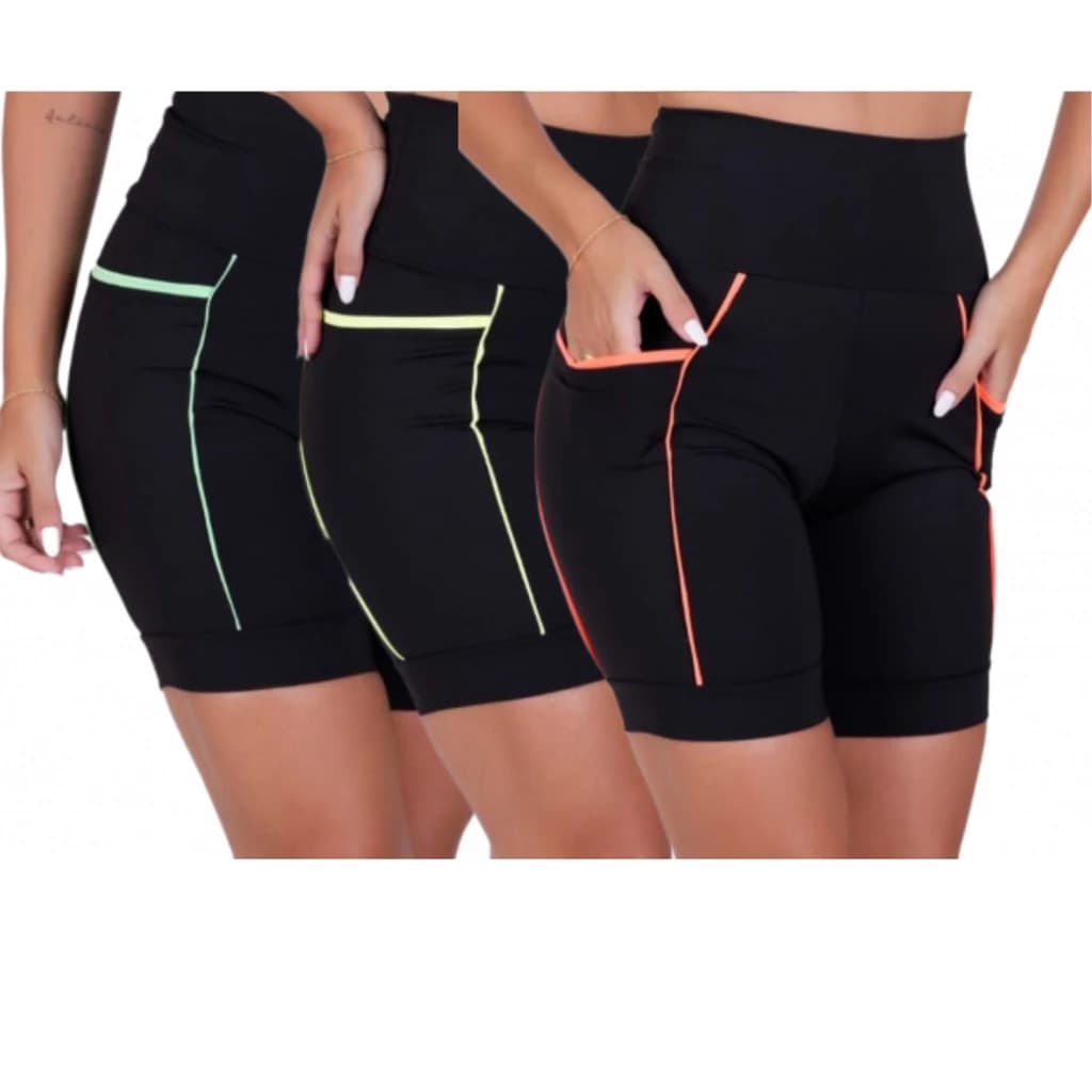 Kit 3 Short Cós Alto Com Bolso Fitness Corrida Academia Ciclismo