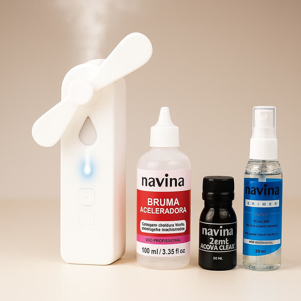 Kit Retenção Extensão de Cílios Navina com Nano Mister 2 em 1 Ventilador + Bruma + Primer + Acqua