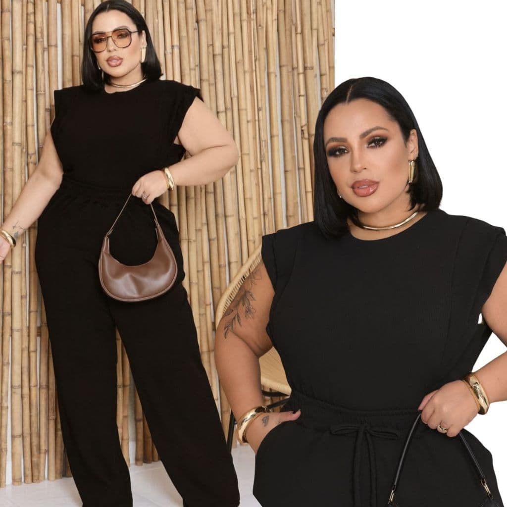 Conjunto Feminino Plus Size Blusa Manga Longa e Calça Pantalona Wide Leg Roupa Casual Elegante Moda Curve Curvy