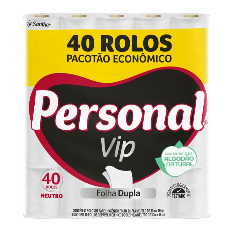 Papel Higiênico Personal Vip Folha Dupla embalagem 40 Unidades