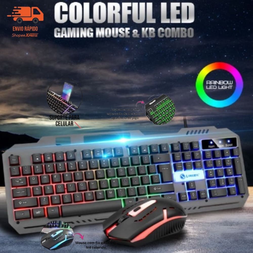 Kit Gamer Teclado+Mouse RGB LED com Suporte Celular–Semi-Mecânico, USB, Resistente, Ideal para Jogos