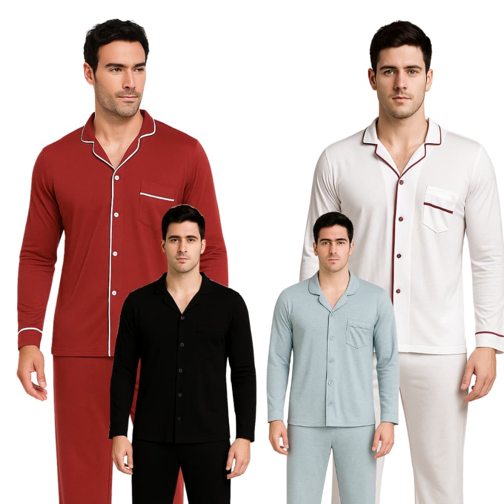 PIJAMA MASCULINO DE CALÇA CAMISA MANGA LONGA AMERICANO DE INVERNO MALHA DE ALGODÃO
