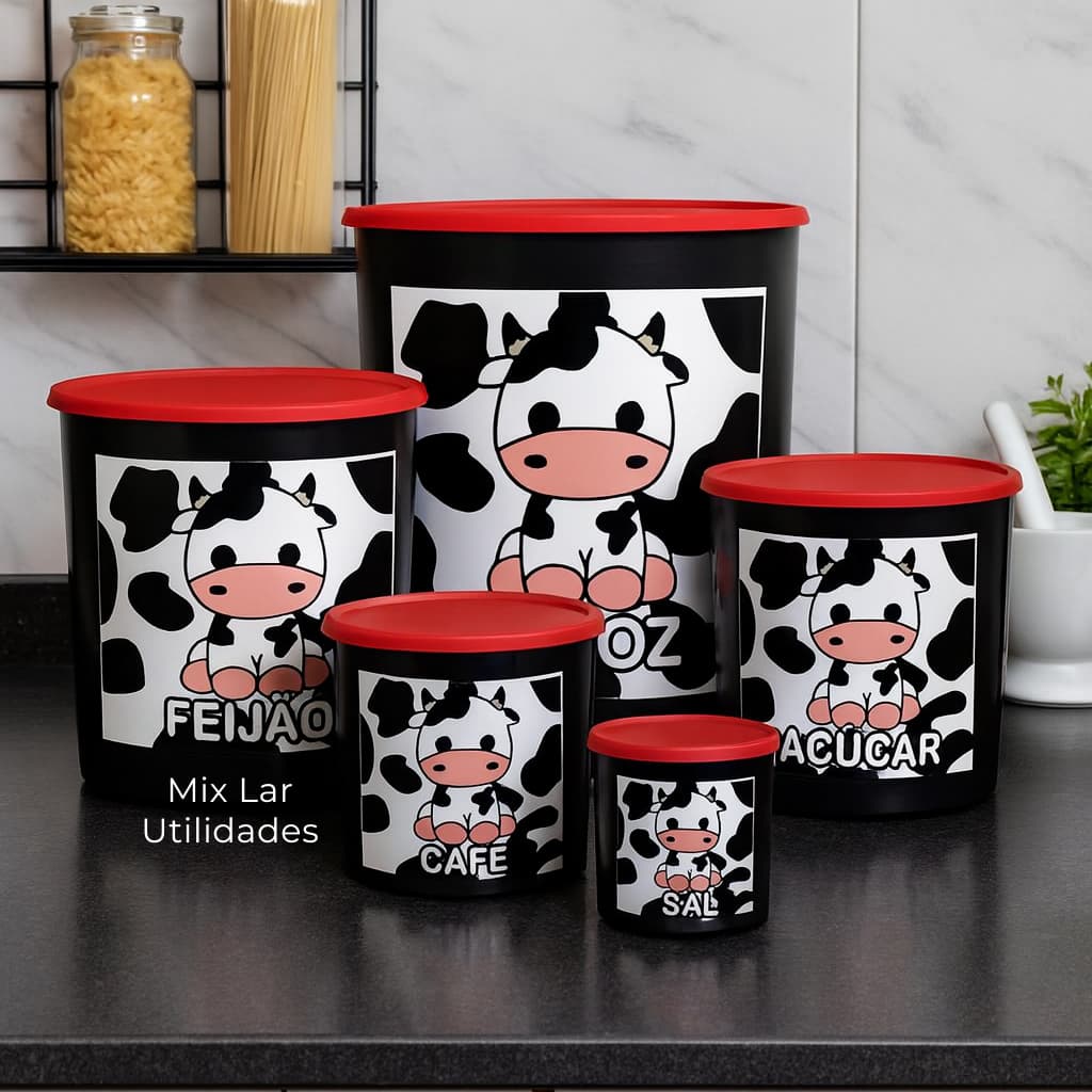 Kit mantimentos plástico com 5 potes para cozinha