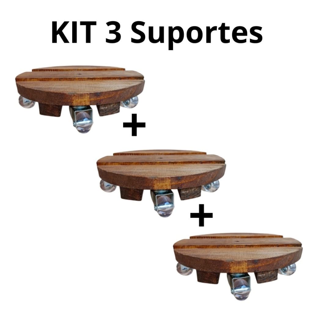 KIT 3 SUPORTES CARRINHO DE MADEIRA PARA VASOS DE PLANTAS COM RODINHAS GEL GIRATÓRIAS 25 CM ANTIRISCO