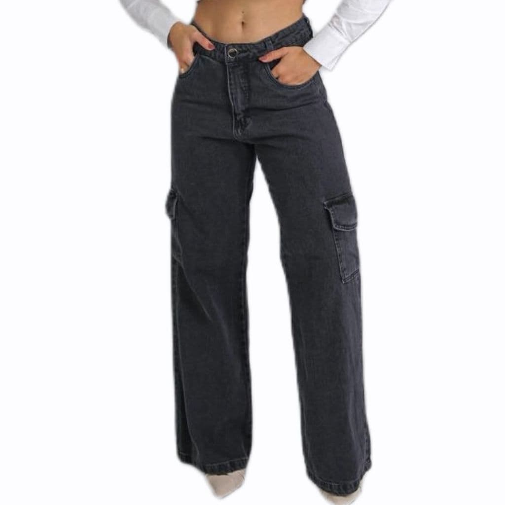 Calça jeans Wide leg Cargo Grafite marmorizada com bolso
