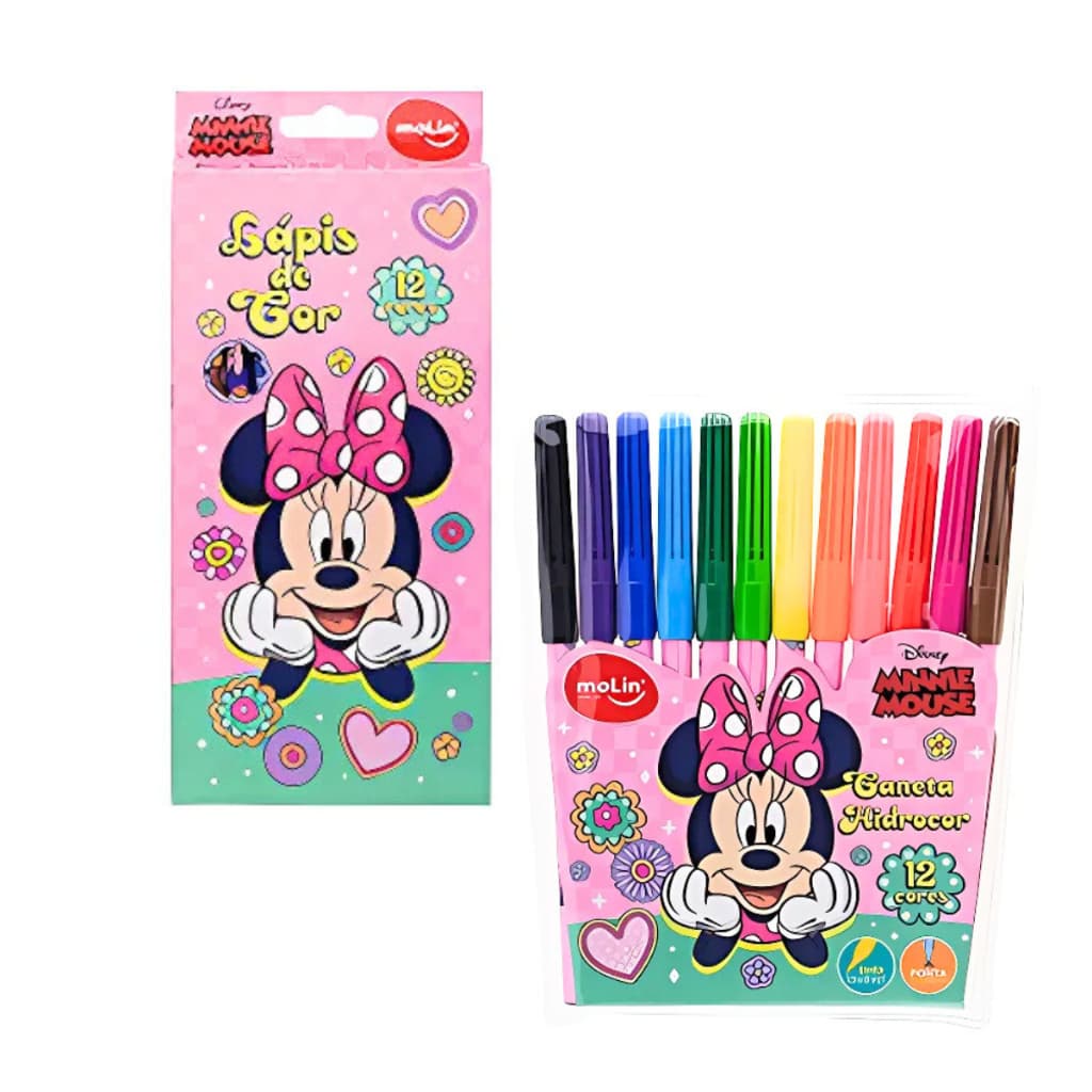 Caneta Hidrocor Minnie Mouse Disney e Lapis de cor 12 cores Minnie