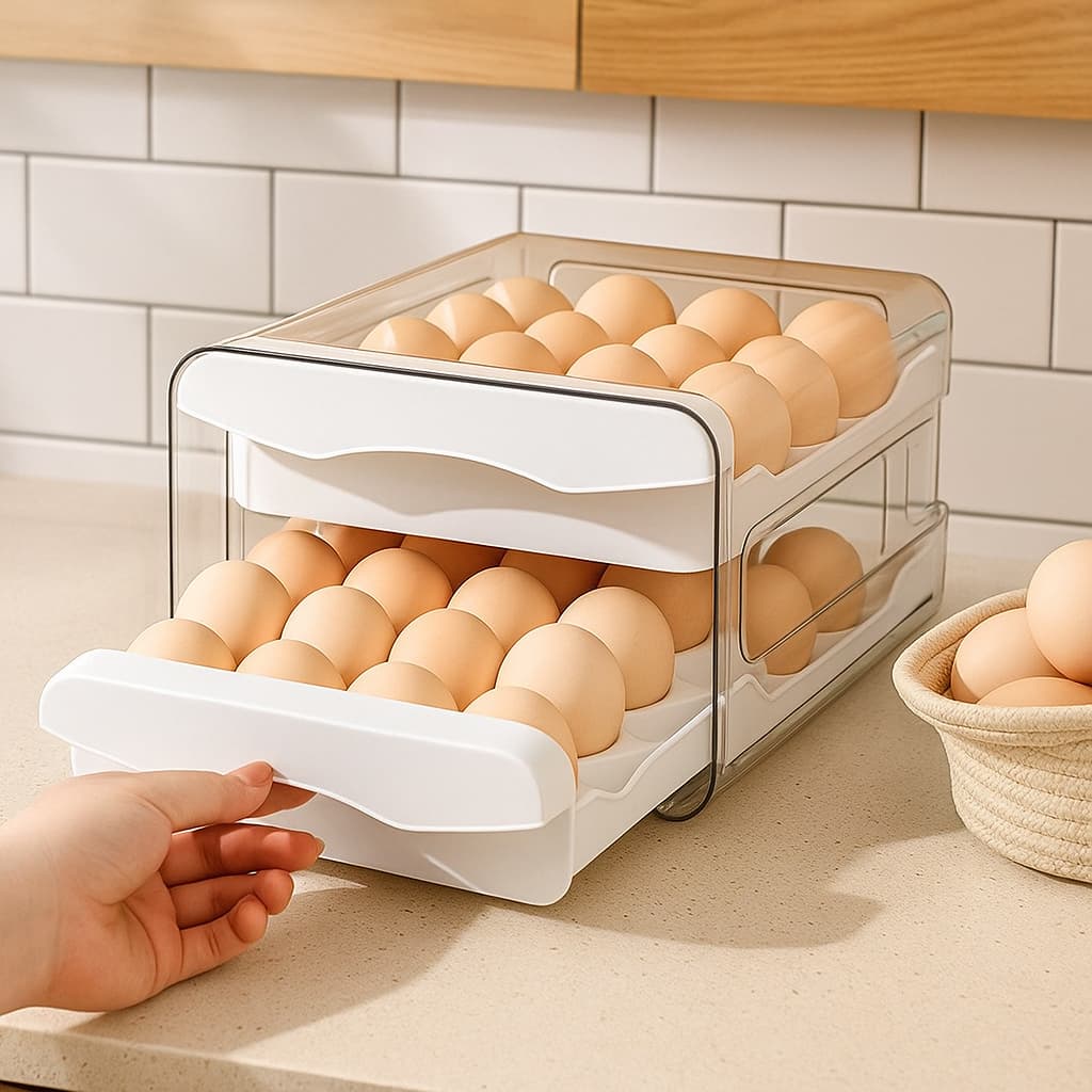 Gaveteiro Duplo em Plástico Tipo Porta 32 Ovos para Cozinha Geladeira
