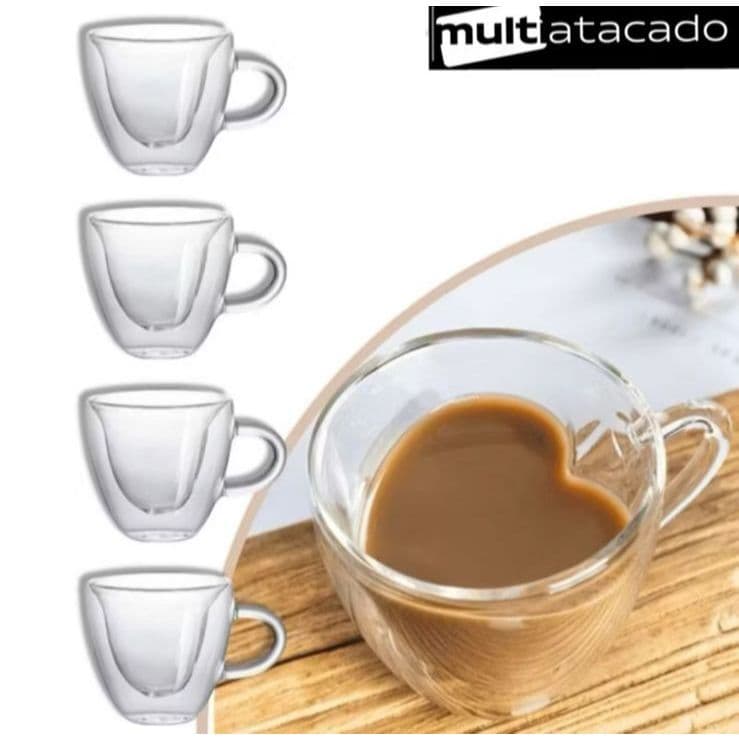 até 4 Xicaras de Coração 80ml Parede Dupla Café Chá Jogo De Xícaras Vidro Transparente Para Café