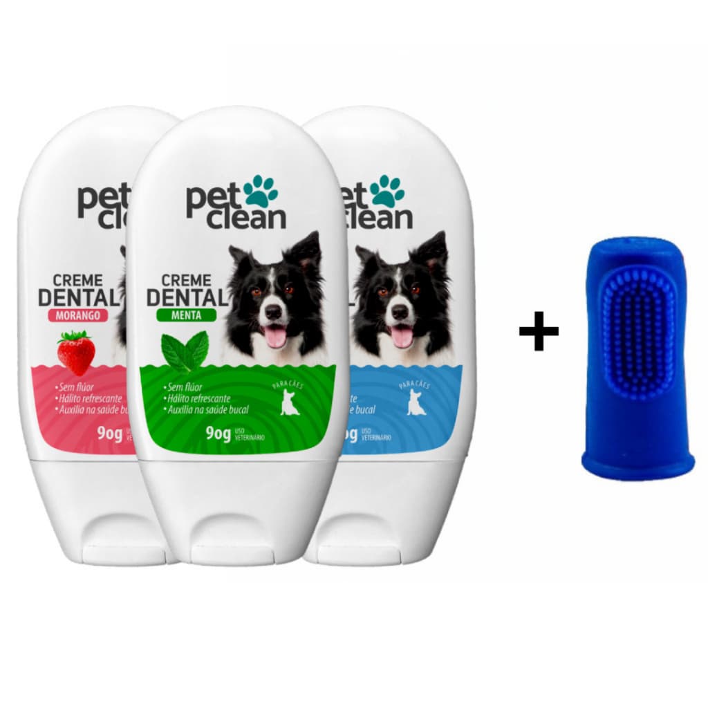 Kit Creme Dental Pet + Escova Dedeira para Cães Gato Cachorro Pet Clean