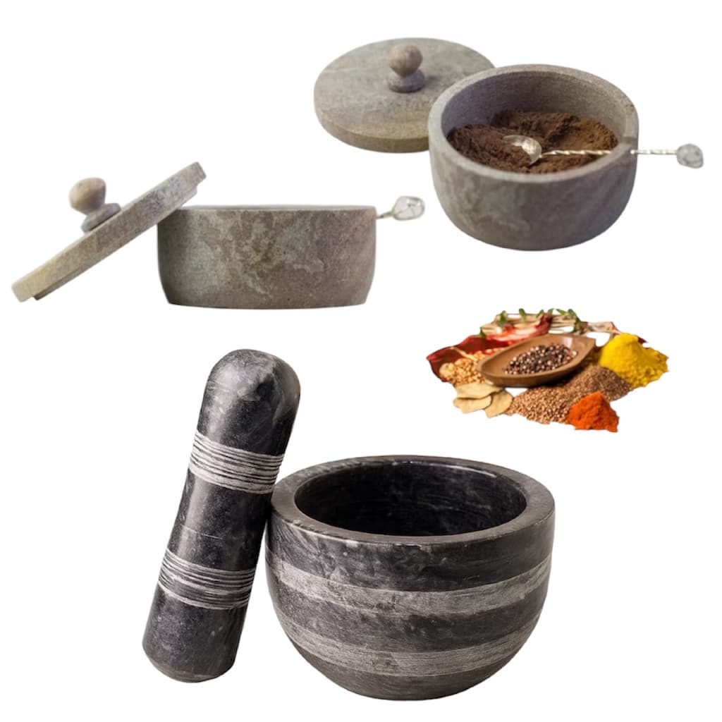 Kit Pilão Almofariz C/ 2 Pimenteiras Saleiro