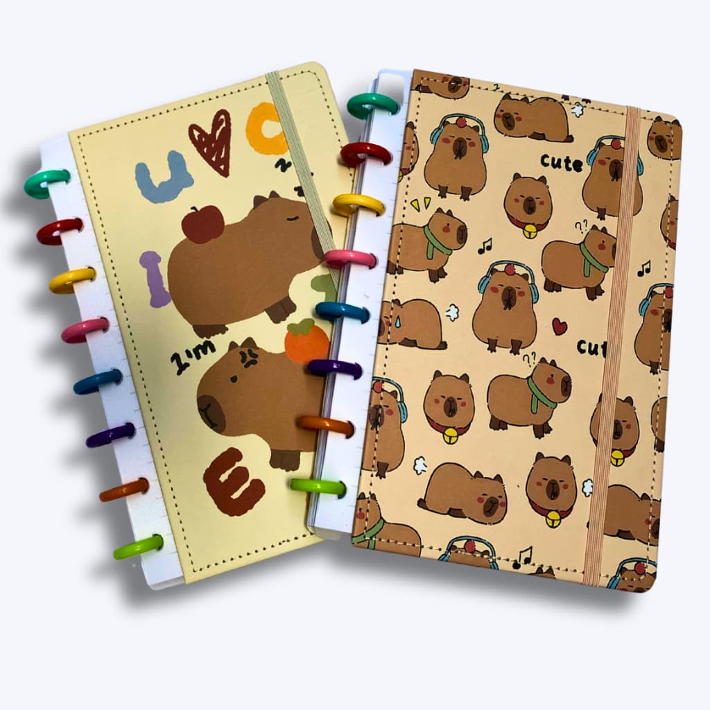 Caderno Inteligente Capivara de Discos Médio Grande A5 B5 Pautado Capa Dura Fofo Kawaii com Elástico Folhas Refil Colori