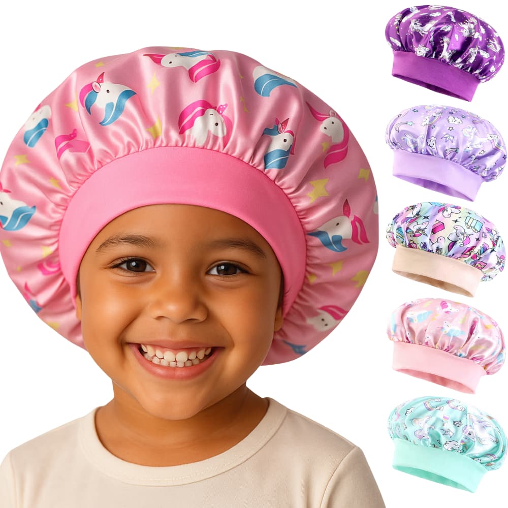 Touca de Cetim Infantil Antifrizz Unicórnio com Faixa Macia Confortável para Dormir