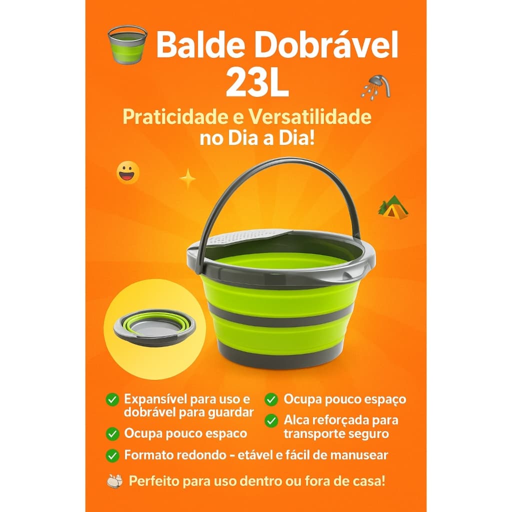 Balde Dobrável Multiuso Redondo 23 Litros Resistente Pratico Portatil