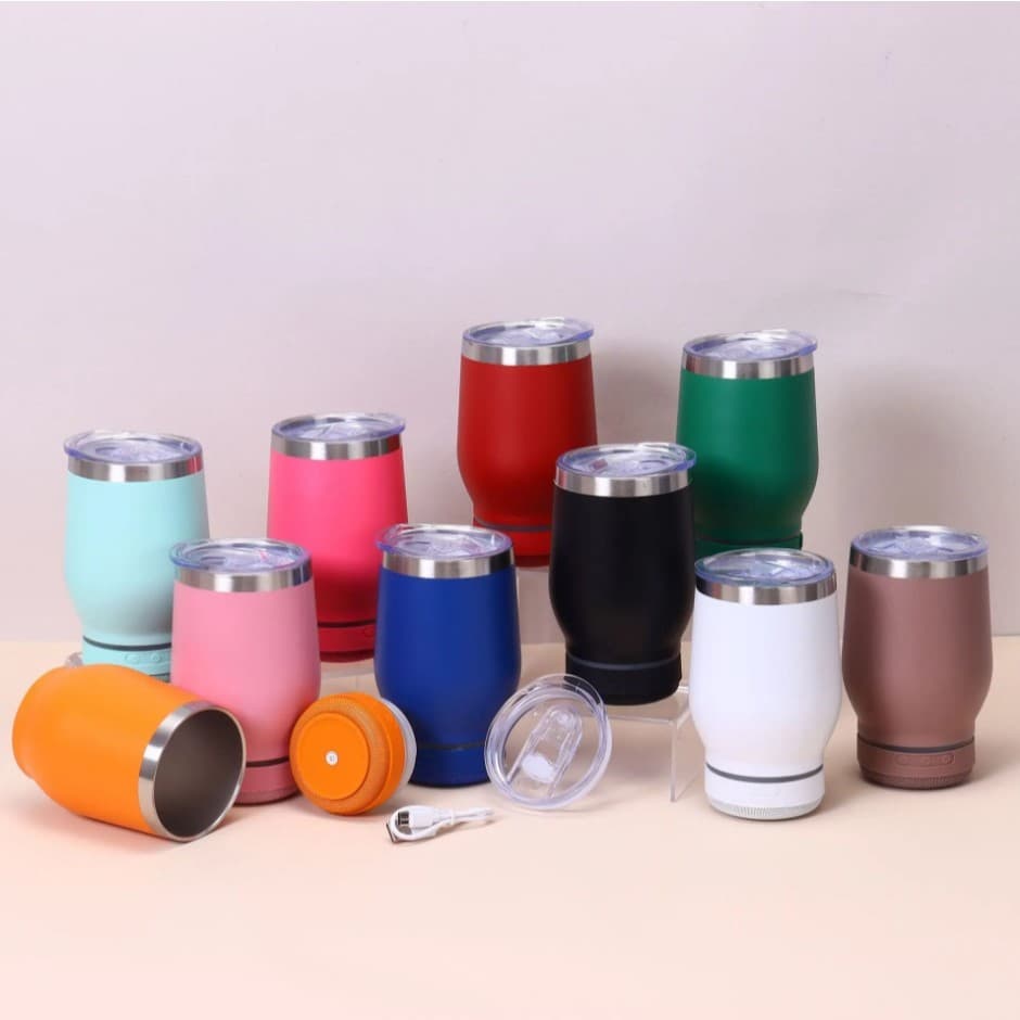 Copo térmico inox com tampa abridor e caixa de som com bluetooth Led 360ML