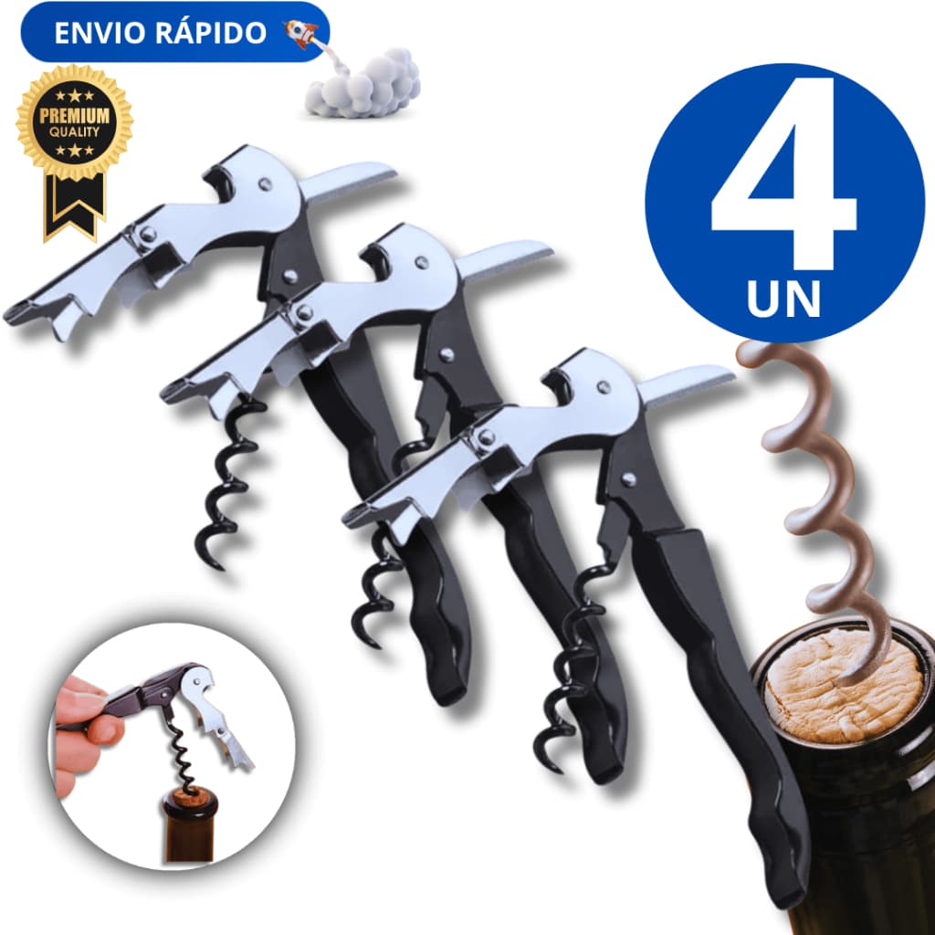 Kit 04 Unidades Saca Rolha Abridor De Garrafa Vinho Saca Rolhas Aço Inox 3 Em 1 Premium Resistente Qualidade