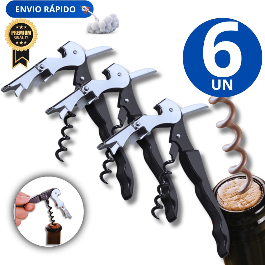 Jogo Conjunto 06  Peças  Abridor Saca Rolha  De Garrafa Vinho Saca Rolhas Aço Inox 3 Em 1 Premium Resistente Qualidade