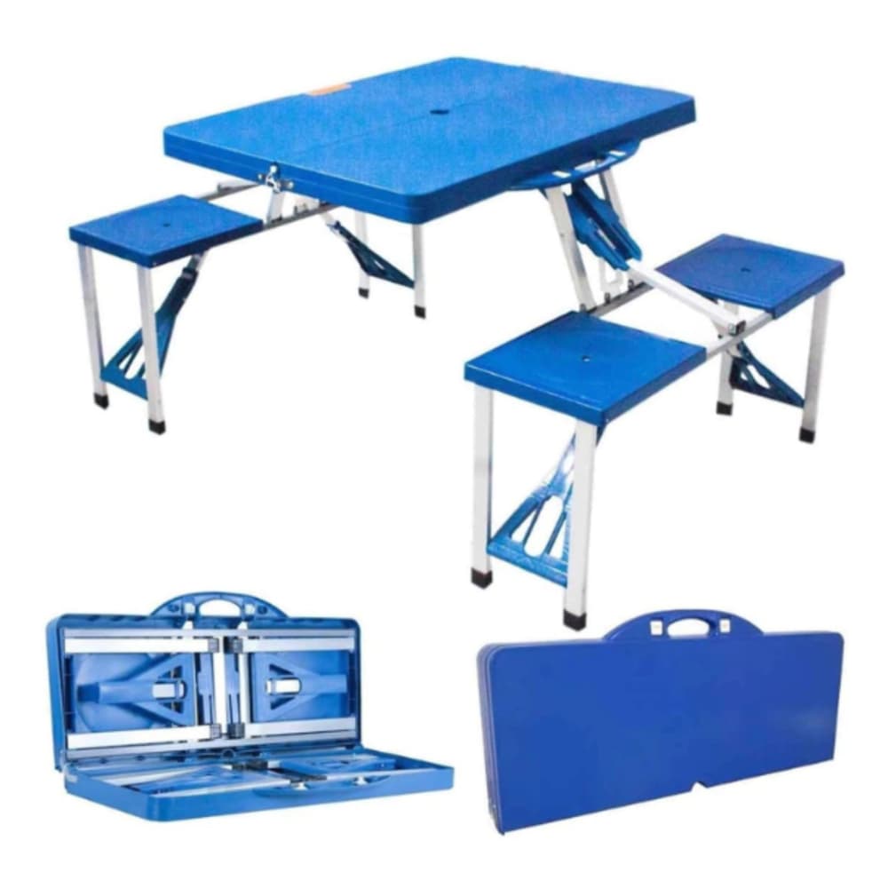 Mesa Dobrável de alumínio com 4 banquetas Para Camping Mesa Tipo Maleta com Bancos Dobráveis - Azul