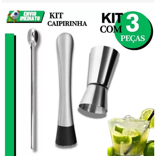 Kit Caipirinha Dosador Socador Colher Bailarina Inox 3 Peças