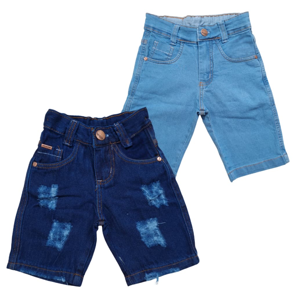 Kit 2 Bermudas Jeans Infantil Masculina – Short Rasgado Puído + Liso Tradicional Menino de 2 a 16 anos