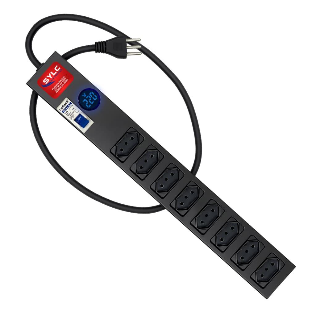 Filtro De Linha 8 Tomadas Disjuntor Voltímetro Bivolt 10A SYLC