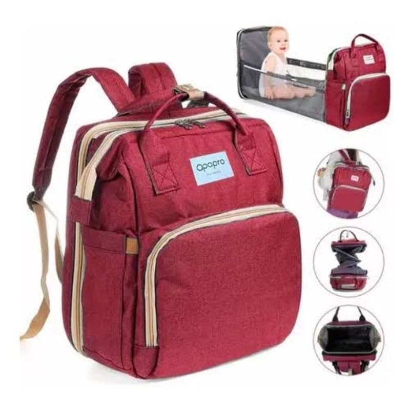 Bolsa Mochila Maternidade 3 em 1 com Berço Dobrável e Trocador(vermelho marsala)
