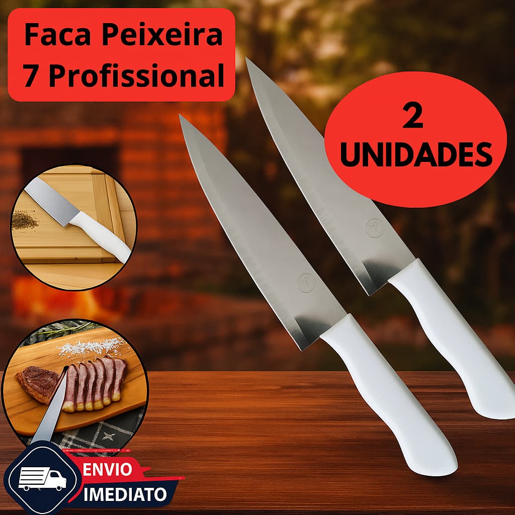 Faca peixeira afiada Inox 7 Profissional Cabo Branco para Cozinha Churrasco peixaria Carnes Legumes