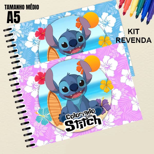 KIT LIVRO DE COLORIR - COLORINDO COM STITCH  - A5 ESPIRAL + PLÁSTICO ANTI MANCHA - REVENDA!!!!
