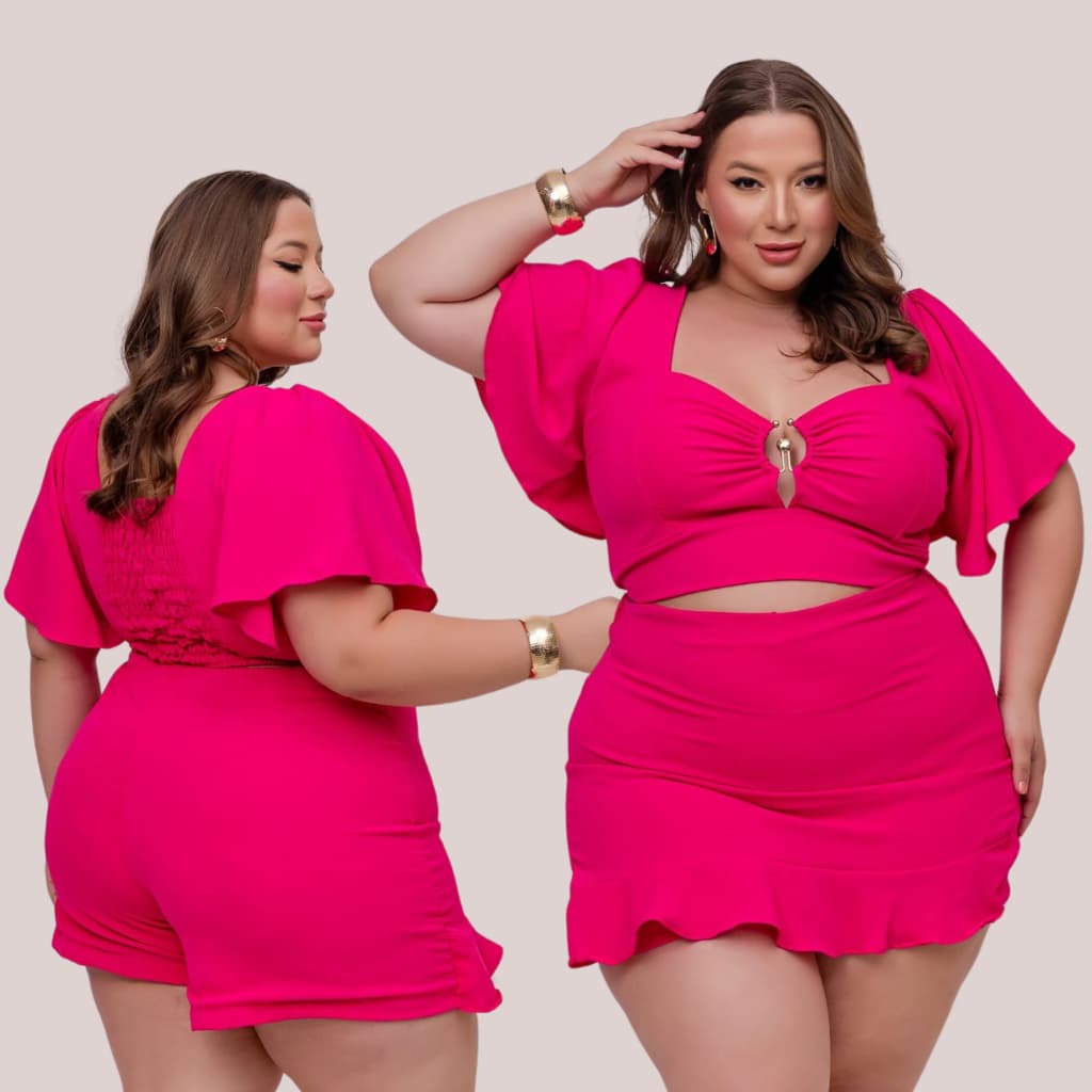 Conjunto Feminino Plus Size Blusa Short e Cinto G2 Moda Maior 50 52 Curvy+
