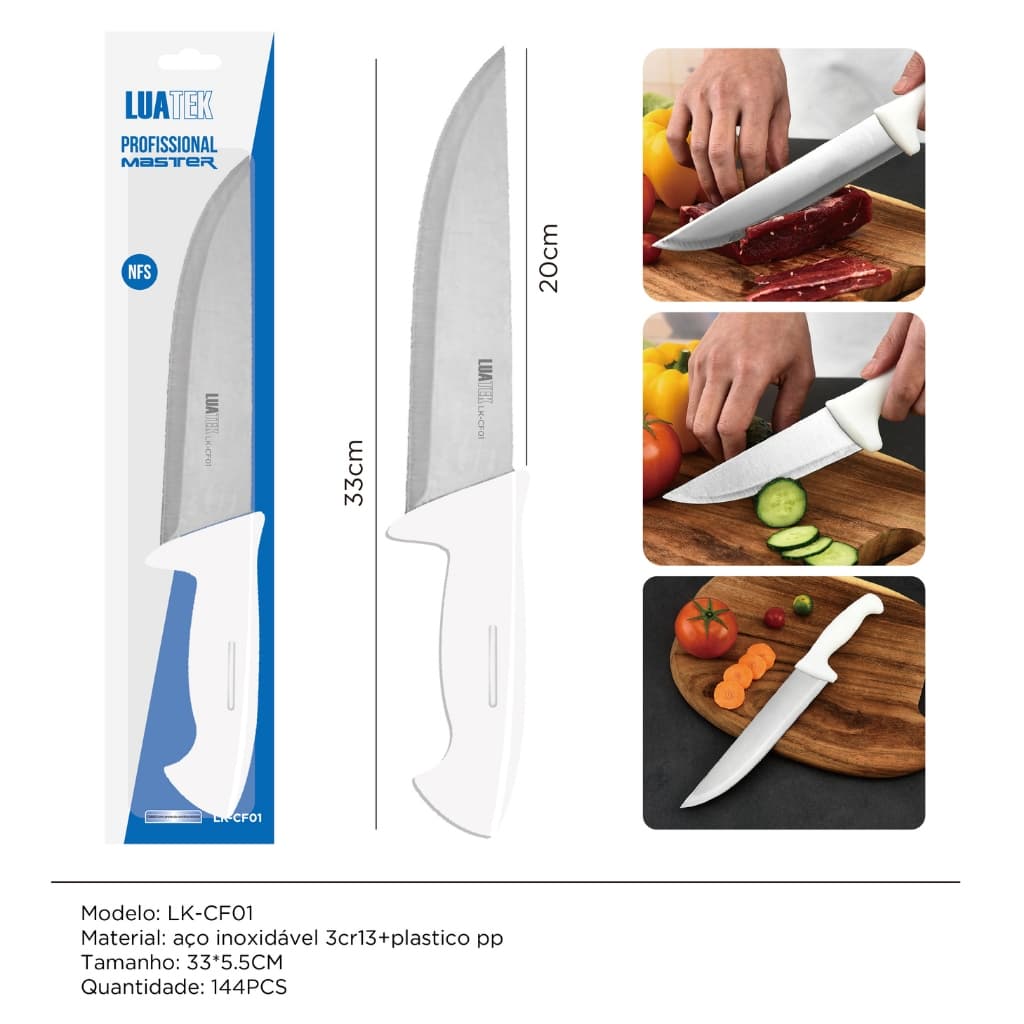 Faca Carne Chef de Aço Cabo Branco 8'' ou 10" Profissional para Churrasco Entre as melhores facas de cozinha