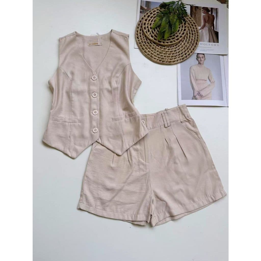 Conjunto Feminino de Duas Peças Elegante – Colete e Shorts em Estilo Terno Casual de Verão para Trabalho