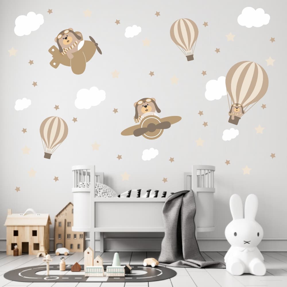 Adesivo Parede infantil Ursinho Urso Aviador Baloeiro Marrom e Bege com Nuvens decoração quarto Bebê