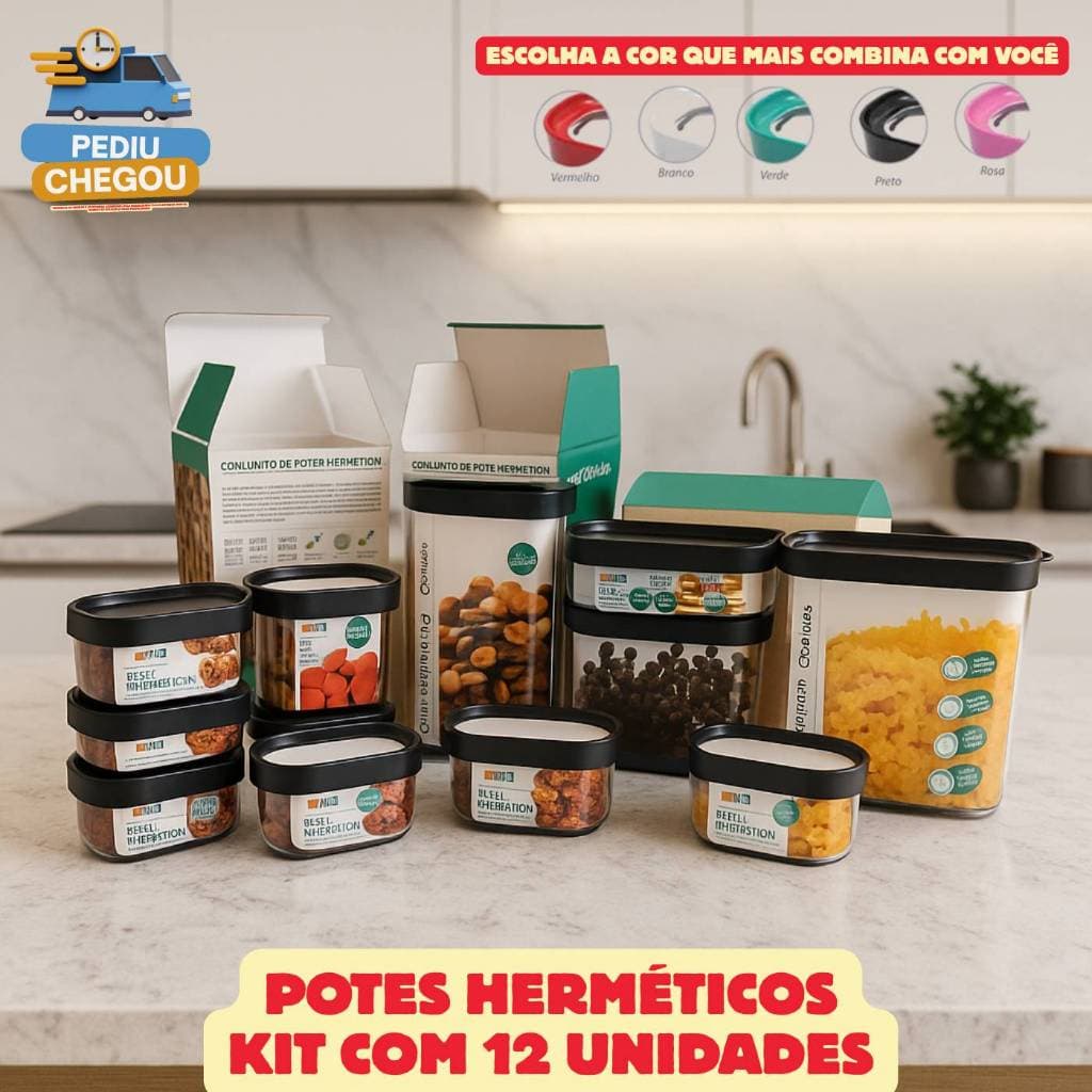 Kit Conjunto Organizador Cozinha com 12 Potes Herméticos para Mantimentos e Temperos - 12 peças