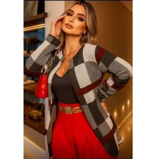 kimono xadres casaco tricot tricôt inverno frio casual