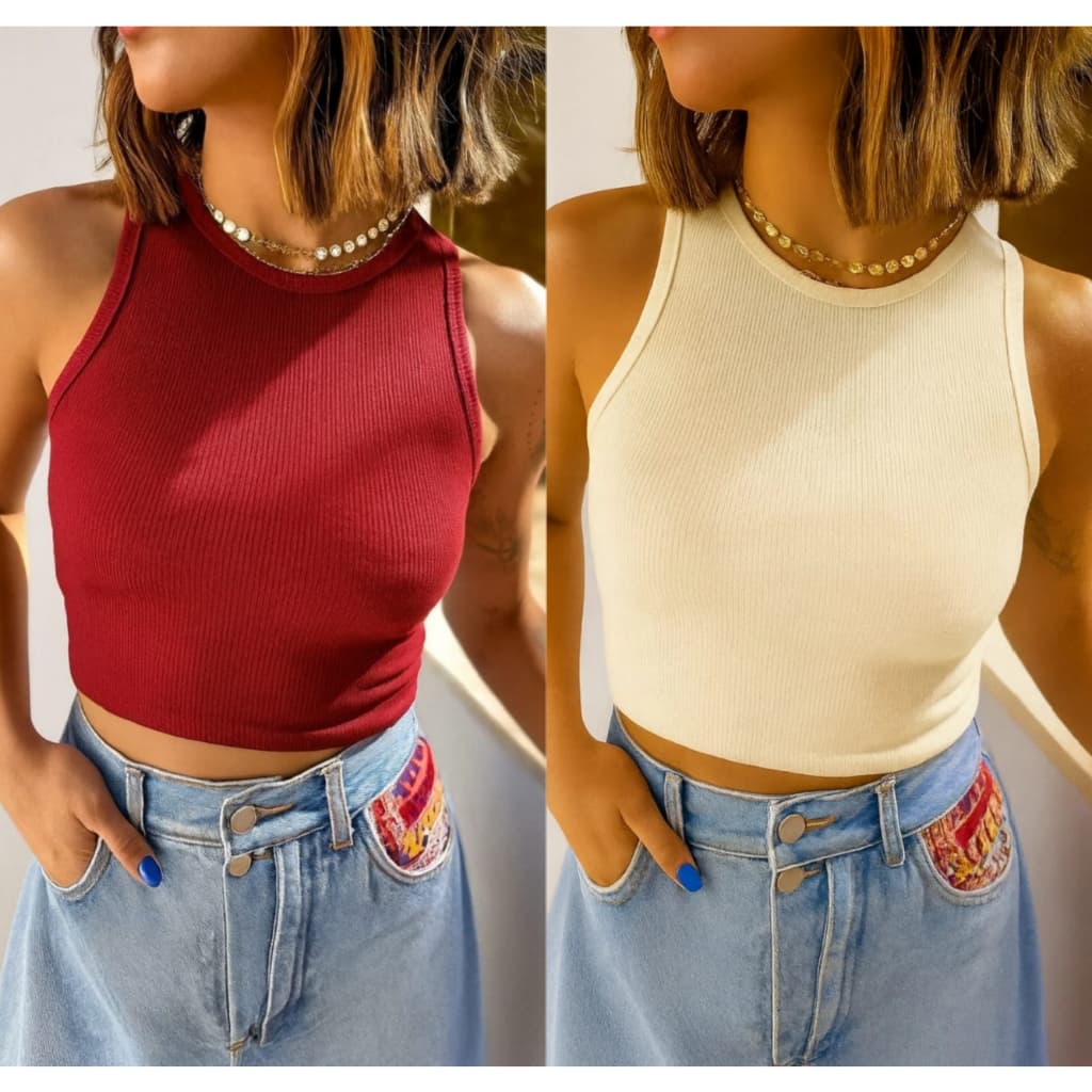 Kit 2 Cropped Canelado Feminino Malha Ribana Look Tumblr E Estilosa
