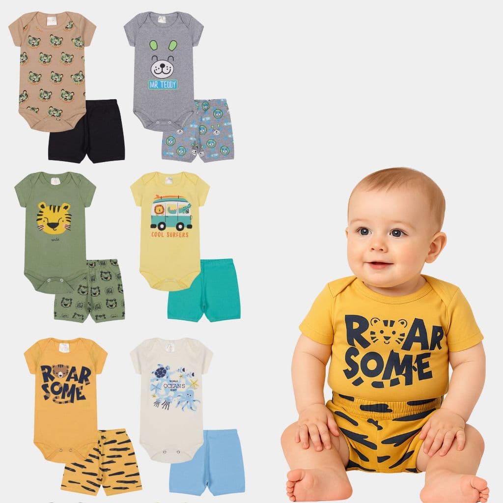 Kit 8 Peças Bebê Menino Masculino body e tapa fralda verão Oferta do Dia