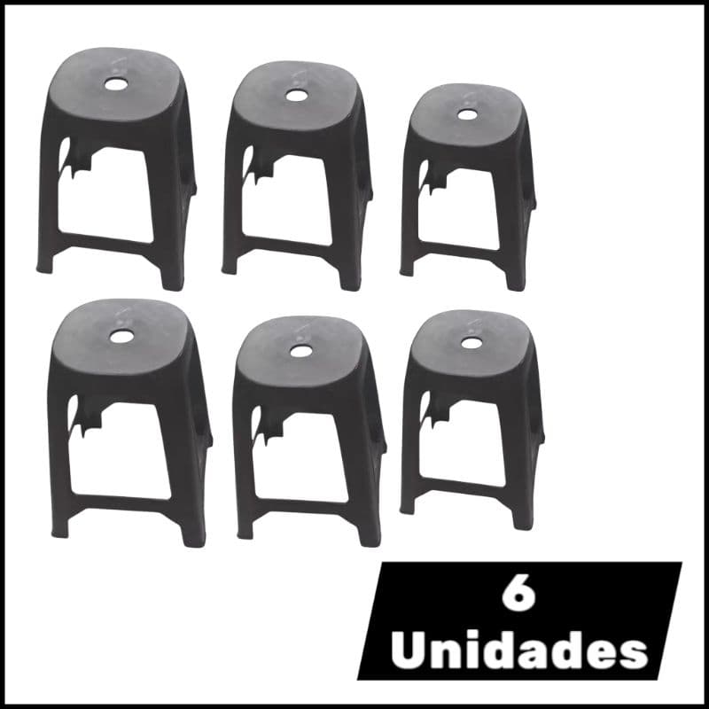 Kit 06 Banqueta De Plástico Resistente Reforçada Adulto Preta Até 120kg