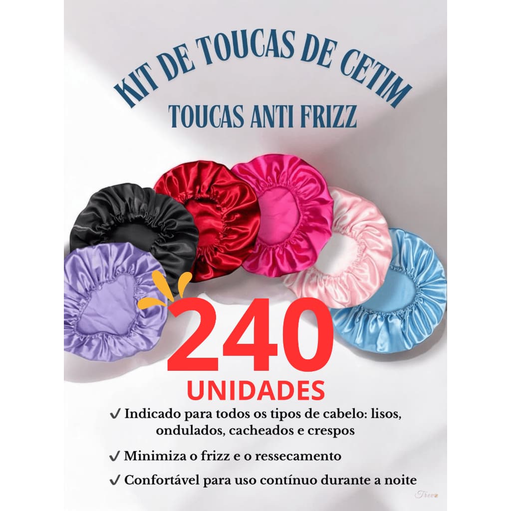 Kit 240 Toucas de Cetim Profissional Anti-Frizz – Cores Sortidas ou Cor única