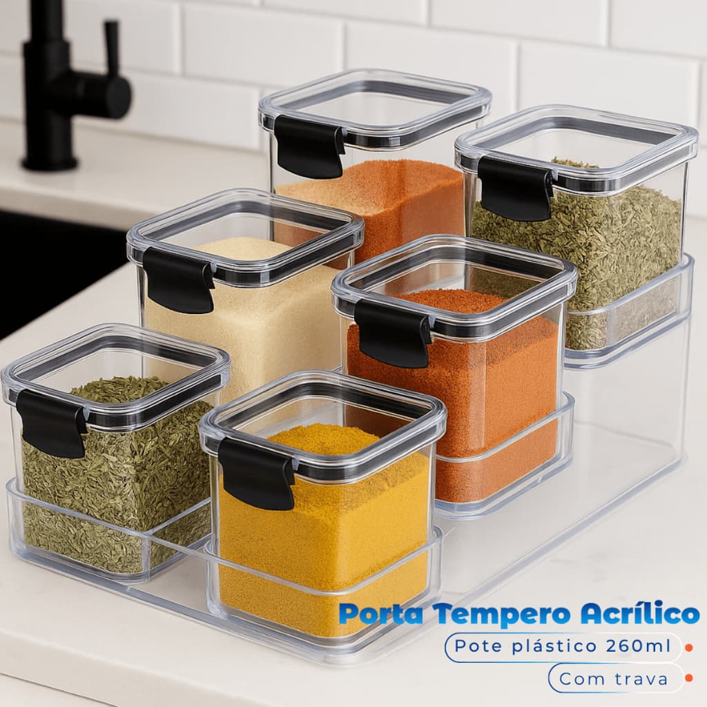 Organizador de Temperos Acrílico com Suporte e 6 Potes Hermético 260ml para Condimentos Especiarias