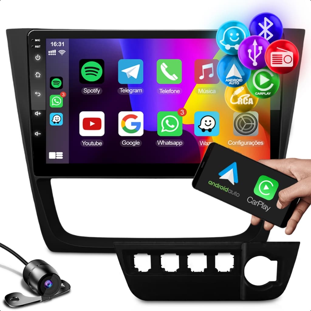 Kit Central Multimídia Android 9 Polegadas 2 Din Carplay Volkswagen Gol Saveiro Voyage 2013 a 2016
