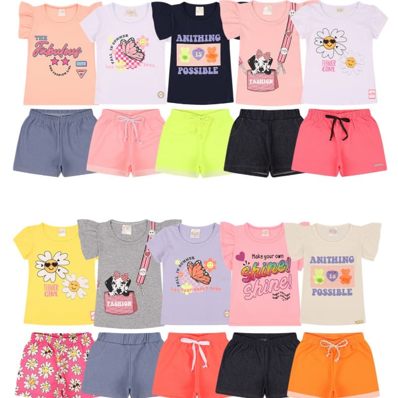 Kit Sortido 10 Peças de Roupas Infantil Menina 5 Camisetas+ 5 Shorts kit 5 Conjuntos Feminino Oferta