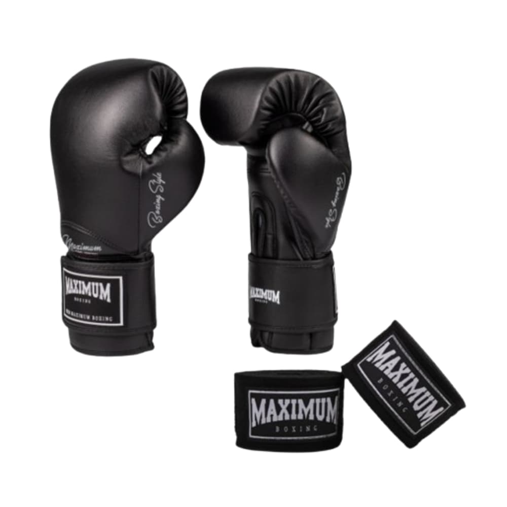 Luva Iniciante Linha Classic Black para Muay Thai e Boxe + Bandagem de 3 ou 5 Metros - Marca Maximum