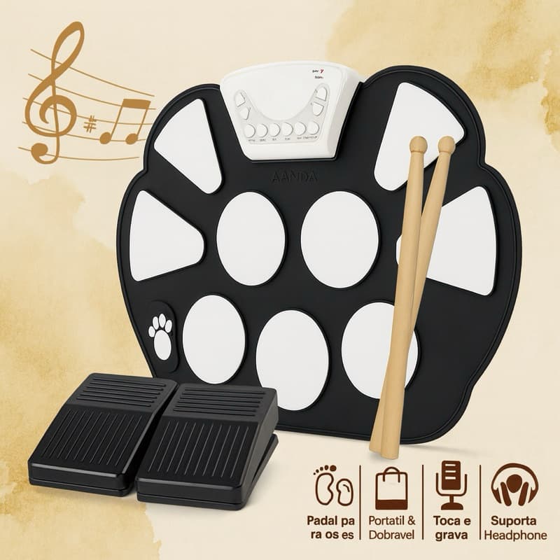Bateria Musical Eletrônica Portátil em Silicone Dobrável com Par de Baquetas e Pedais