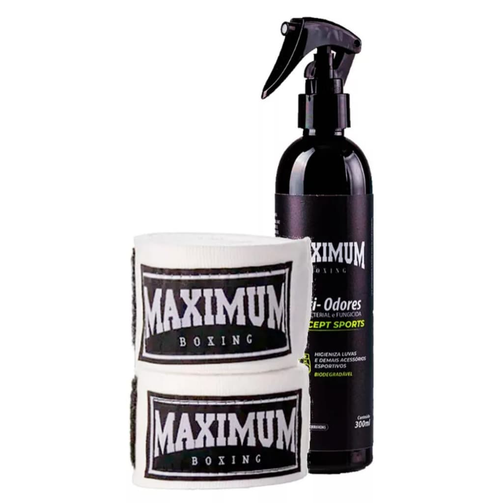 Spray Anti-Odor Higienizador + Bandagem White de Muay Thai e Boxe de 3 Metros ou 5 Metros - Maximum