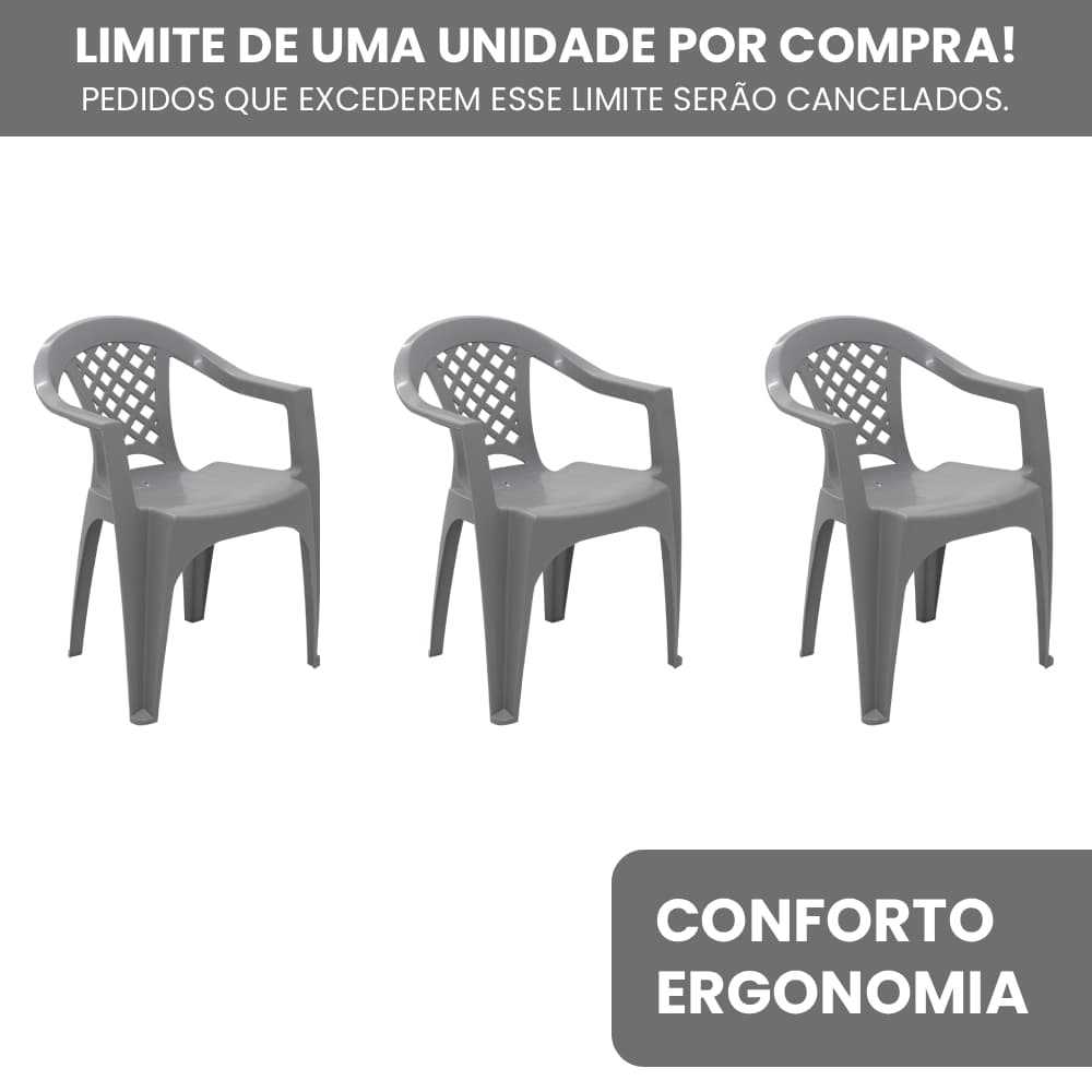Kit 3 Cadeiras Tramontina Iguape Cinza P/Bar Jardim Lanchonete