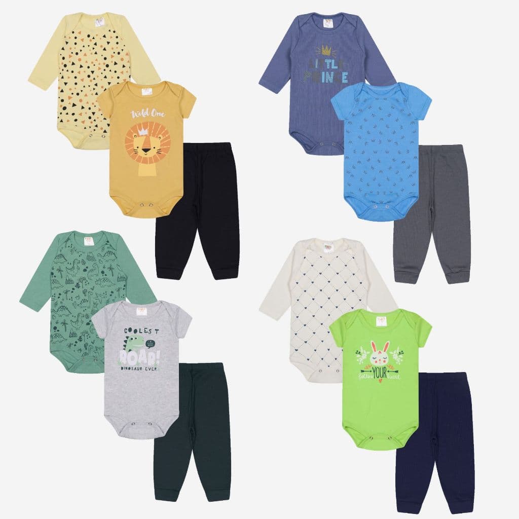 Kit 6 Peças de Roupa Bebe Menino - Body Manga Longa e Curto + Calça Algodão Menino Black Friday