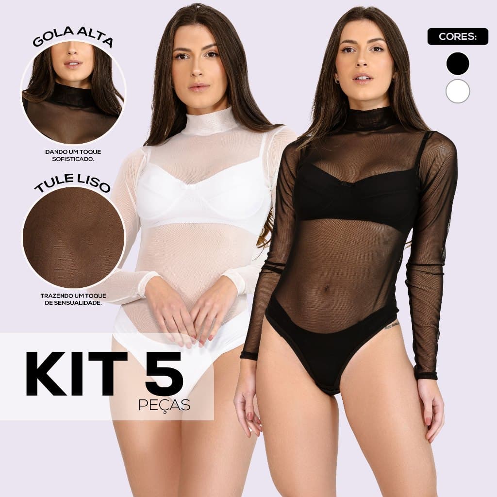 Kit 5 Body Tule Gola Alta Blusa Manga Longa Moda Feminina Transparente Dyeu Modas