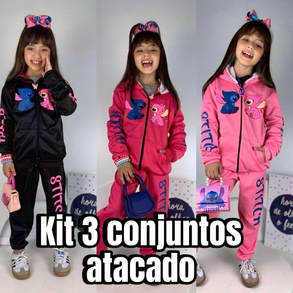 Kit 3 Conjuntos De Frio Para Meninas Do Stitch Roupa Feminina Infantil Atacado Revenda