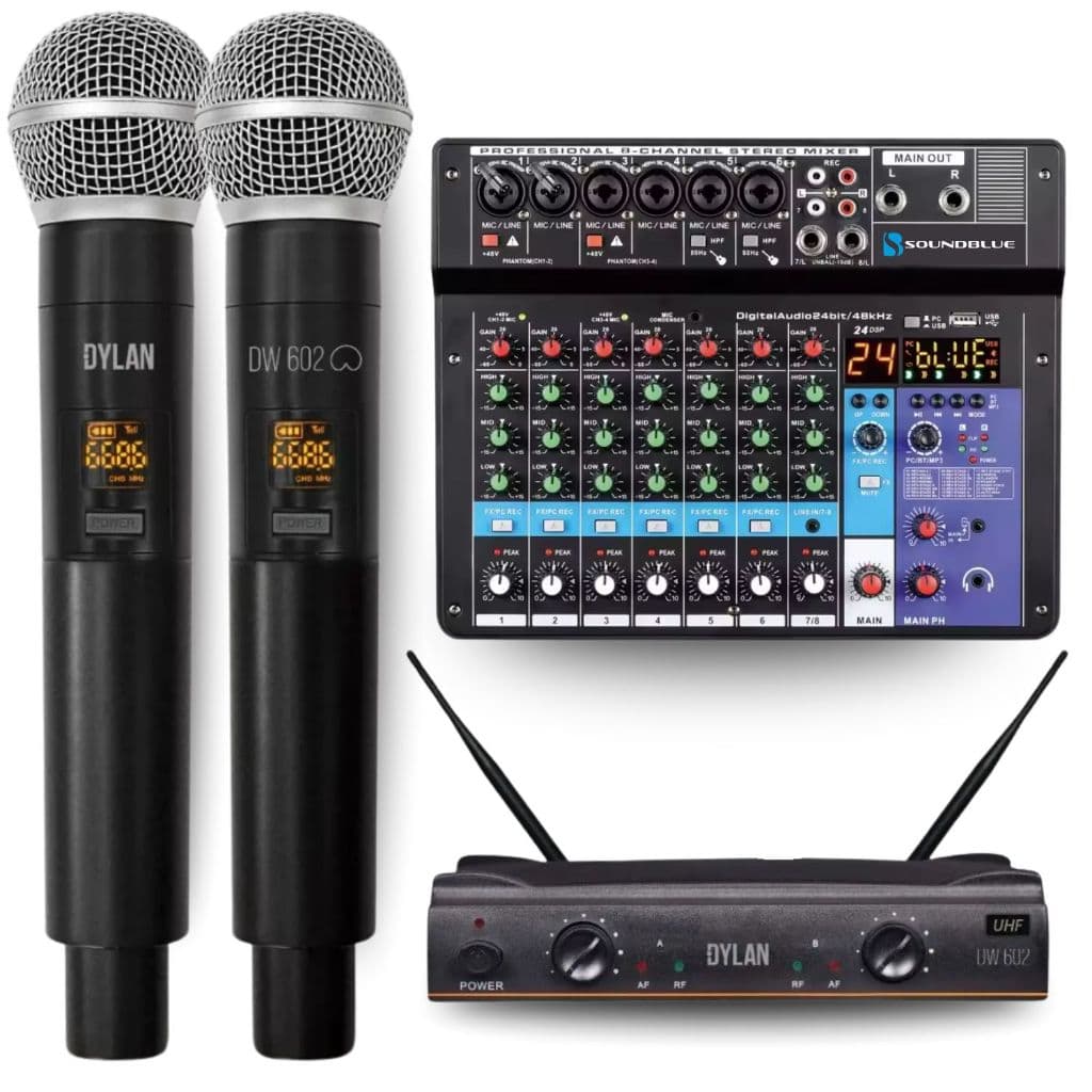 Kit Console Mesa Som 8 Canais Bluetooth Midi Usb Mixer Combo Efeitos + Microfone Dylan Duplo Sem Fio Cardiode Dinamico