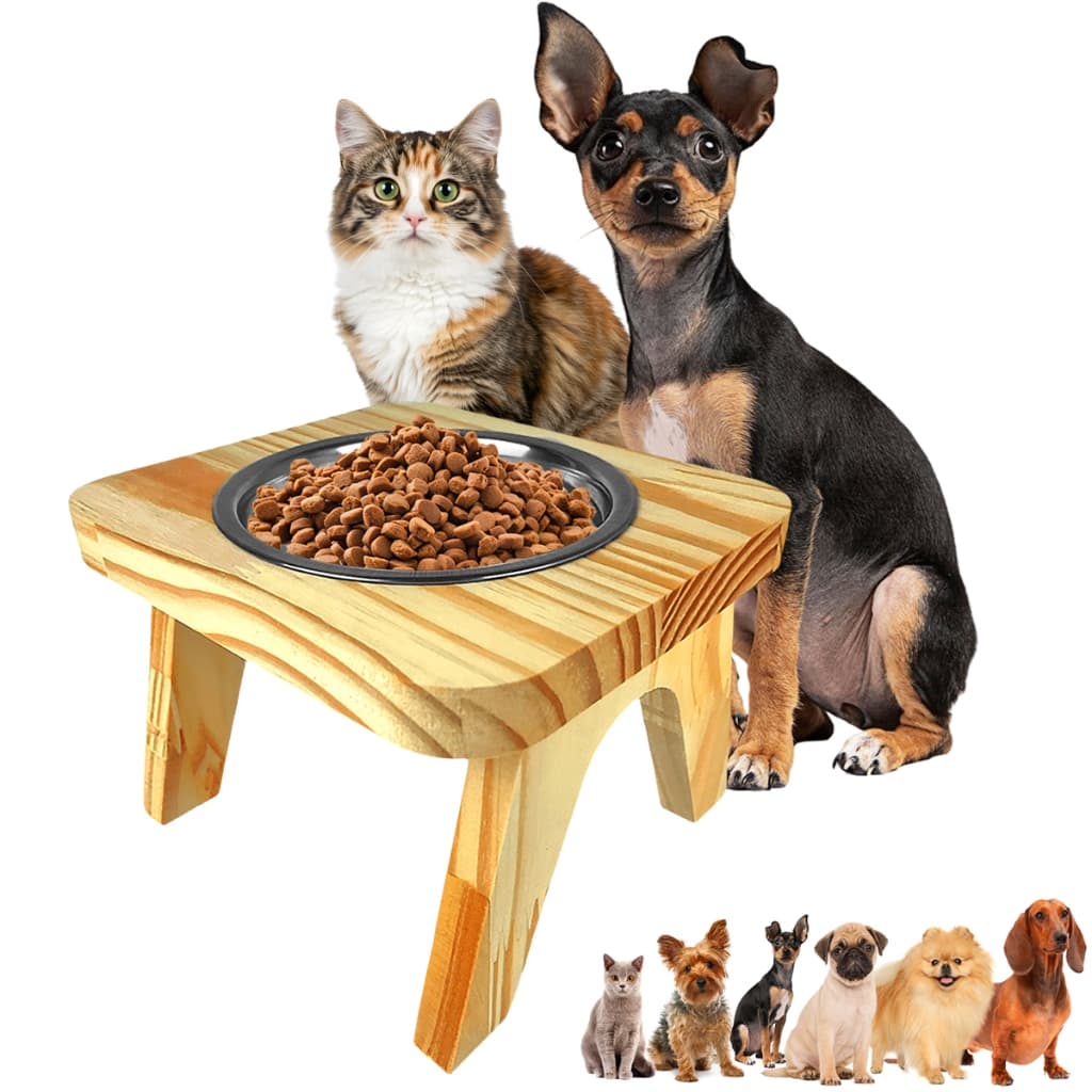 Bebedouro Comedouro Alto Elevado para Gato Cachorro Pet Pequeno Madeira Resistente 2 Tigelas Inox Ração Água